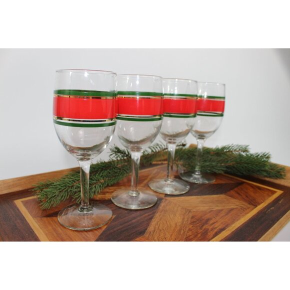 Vintage Holiday Wine Glasses Set Of 4 With Red & Green Stripe Design 7 Oz Clear - Picture 3 of 5